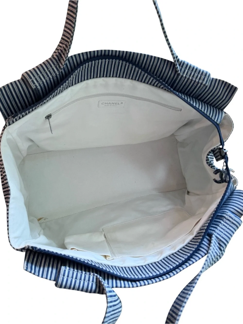 Chanel Striped Chambray Blue & Beige Canvas Tote - Picture 6 of 9